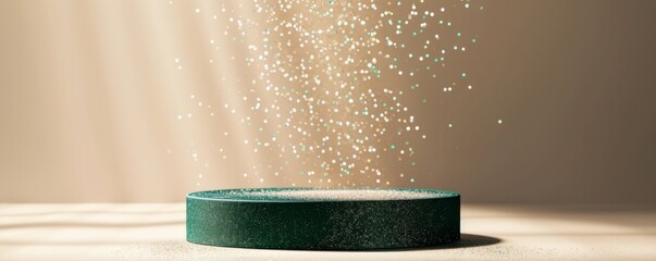 Elegant dark emerald green podium surrounded by sparkling particles against a beige background - obrazy, fototapety, plakaty