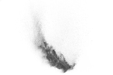 Black particles explosion isolated on white background. Abstract dark overlay texture.	
