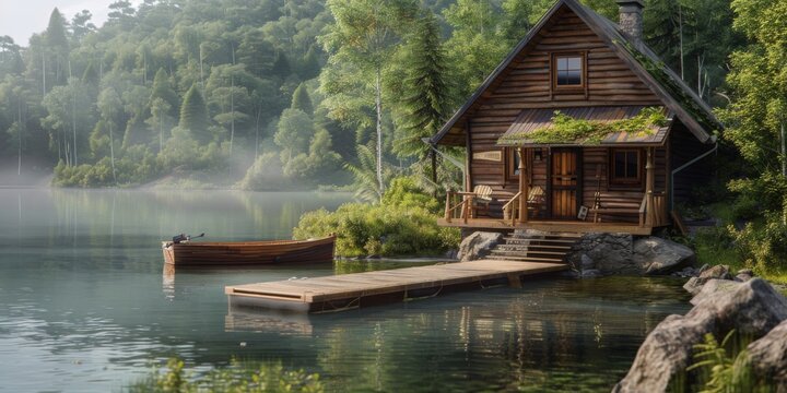 cozy lakeside cabin wooden dock rowboat tranquil nature relaxation calm atmosphere sunrise waterfront view peaceful getaway retreat site forest lakeshore calm waterside serene cabindock        		
