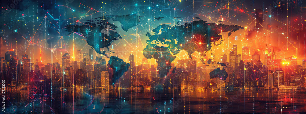 Poster global network: map with connecting lines, screens with landmarks.generative ai