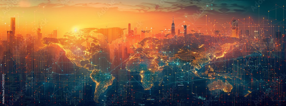 Poster global network: map with connecting lines, screens with landmarks.generative ai