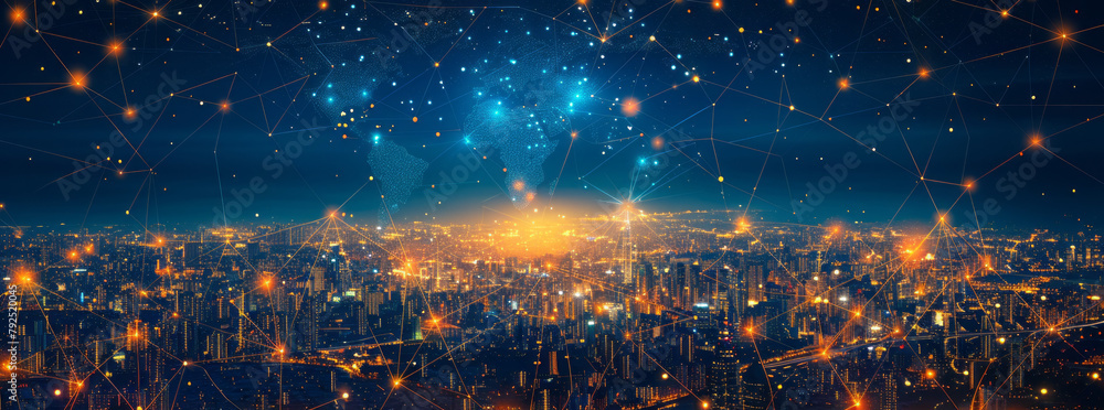 Poster global network: map with connecting lines, screens with landmarks.generative ai