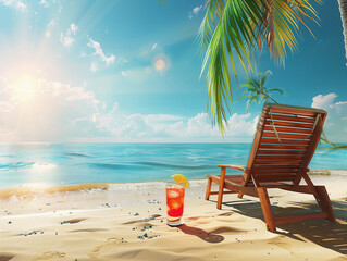 A wooden lounger and a glass of cocktail under a palm tree on the beach on a sunny day. No one in sight. Copy space. Background, wallpaper. - 792520002