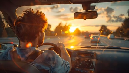Man driving car on highway at sunset symbolizing travel and adventure. Concept Travel, Adventure, Sunset, Highway, Driving - obrazy, fototapety, plakaty
