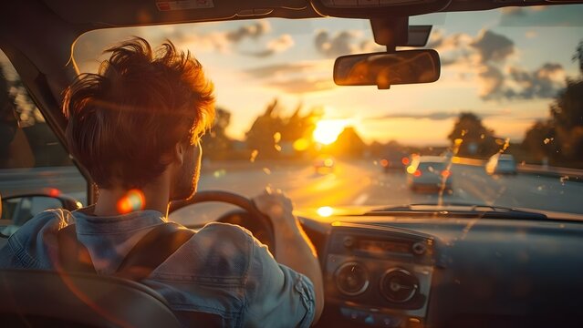 Man driving car on highway at sunset symbolizing travel and adventure. Concept Travel, Adventure, Sunset, Highway, Driving