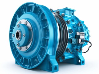 A high-resolution image featuring a detailed blue industrial electric motor with visible components, isolated on a white background.