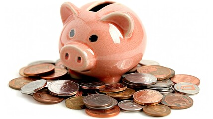 Piggy bank with coins spilling out - obrazy, fototapety, plakaty