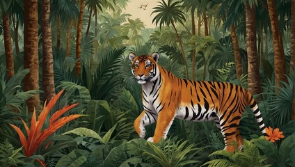 Tropical jungle illustration featuring palm trees, lush vegetation, and exotic wildlife such as tigers, bears, and birds. Perfect mural art for children's rooms and interior design Generative AI - obrazy, fototapety, plakaty