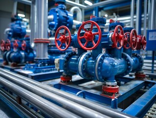 Close-up of red valves and blue pumps on industrial pipelines, conveying complexity of system. - obrazy, fototapety, plakaty