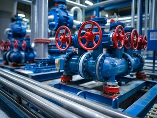 Close-up of red valves and blue pumps on industrial pipelines, conveying complexity of system. © cherezoff