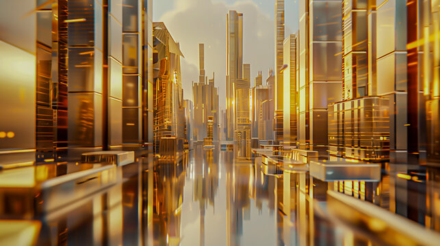 Illustrate a sleek and modern scene showcasing a rear perspective of a futuristic cityscape intertwined with golden elements Emphasize the integration of gold in technology and societys evolution