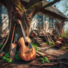 An old farm house with a guitar - obrazy, fototapety, plakaty