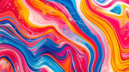 Contrasting abstract wavy pattern background with texture of vibrant colorful liquid paint.