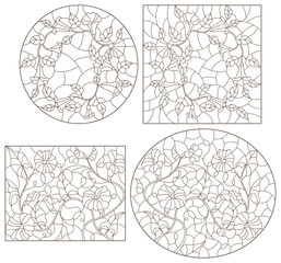 Set of contour illustrations in stained glass style with intertwined flowers and leaves, dark outlines on a white background