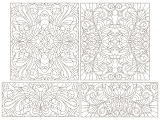 Set of contour illustrations of stained glass Windows with butterflies and flowers, dark contours on a white background