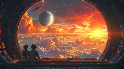 A boy and a girl are sitting on a spaceship, looking out at the beautiful sunset of an alien planet. - obrazy, fototapety, plakaty