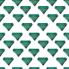 Seamless pattern green gemstone, crystal, painted with watercolor paints, realistic, geology, mineral, emerald