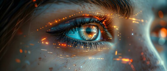 Closeup of a womans eye with futuristic cyber technology security interface. Concept Technology, Cybersecurity, Futuristic, Eye Detail, Close-up