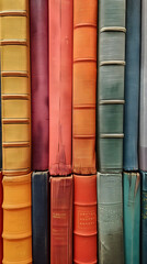 A close-up of a collection of vintage books arrayed in a gradient of warm colors on a wooden shelf, invoking a sense of nostalgia and knowledge.
