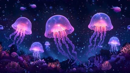 Enchanting Underwater Dance of Glowing Jellyfish with Coral Reefs and Tropical Fishes in Ocean Mystique