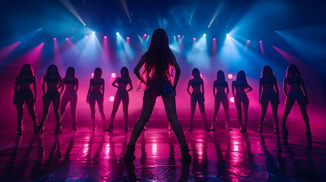 Silhouettes of friends dancing together at a party, singer group contest, concert girl group k-pop