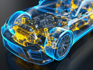 A digital concept design of a transparent car showcasing its high-tech internal mechanisms.