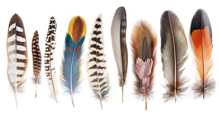 Assorted bird feathers with diverse patterns and colors isolated on a white background.