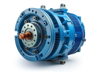 Close-up of a blue industrial electric motor isolated on a white background, highlighting engineering and technology.