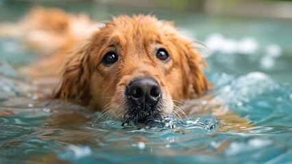 A cheerful dog enjoying swimming and diving in a crystal-clear pool. Concept Pets, Swimming, Playful Poses, Outdoor Photoshoot