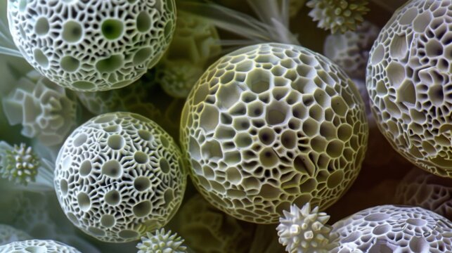 A scanning electron microscope image of several pollen grains highlighting their symmetrical and geometric patterns. Despite their