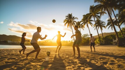 A lively group of people play soccer on the sandy beach, kicking the ball under the sunny sky