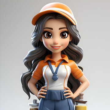 3D illustration of a female mechanic with overalls and cap smiling