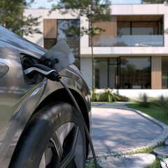A Close-up of a charging cable connected to an electric vehicle, against the background of the courtyard of a beautiful modern house. 