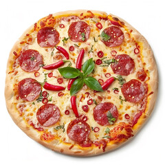 A Spicy salami and chilli pepper pizza on a white background.