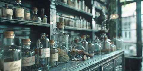 Victorian Apothecary InteriorGlass Bottles and Herbal Remedies - obrazy, fototapety, plakaty