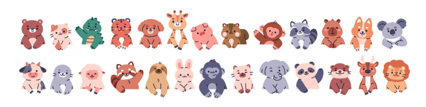 Peeking animals set. Happy baby bear, bunny, cat, elephant, lion and koala characters. Cute funny kawaii curious cubs looking, peeping. Kids flat vector illustration isolated on white background