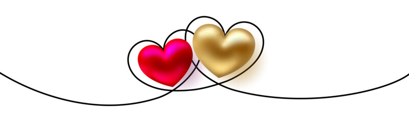 Red and gold heart balloons and line art hearts border