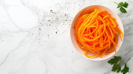 Carrot julienne in a bowl on a white table, top view, space on the left