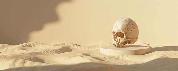 Human skull on a pedestal in a sandy desert under soft lighting