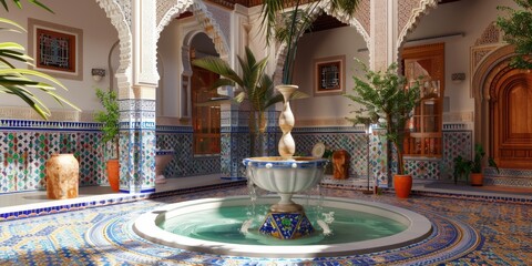 Fototapeta na wymiar Moroccan Courtyard Oasis: Stunning Mosaic Tile Design Amid Tranquil Ambiance