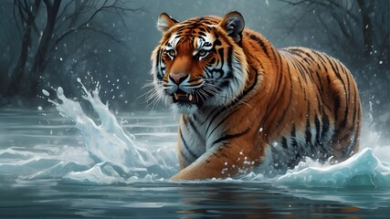 Digital illustration of an Amur Tiger gracefully juggling in the icy waters of Siberia. The tiger is depicted with {sleek and vibrant orange fur}, its powerful muscles visible beneath the surface. The - obrazy, fototapety, plakaty