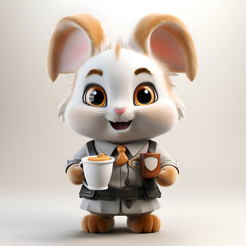 cute cartoon rabbit with a cup of coffee. 3d rendering
