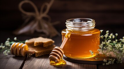 A jar of honey sits next to a honey comb on a rustic wooden table