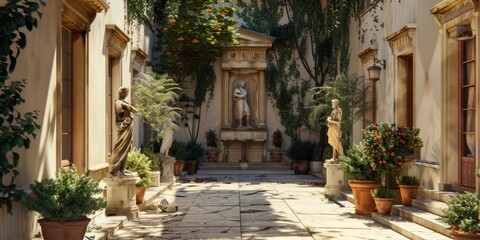 Fototapeta na wymiar Greek Inspired CourtyardMarble Statues in Ancient Architectural Setting.