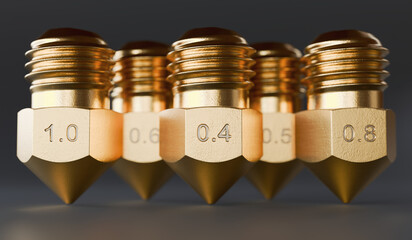 Many brass nozzles for 3D printer with different sizes. 3D rendered illustration.
