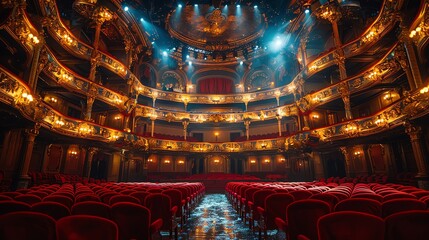 An empty opera house with red velvet seats and golden decorations