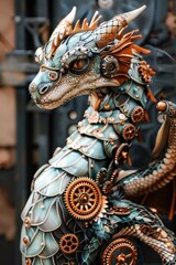 Fototapeta na wymiar A steampunk dragon with turquoise and brown scales and copper accents