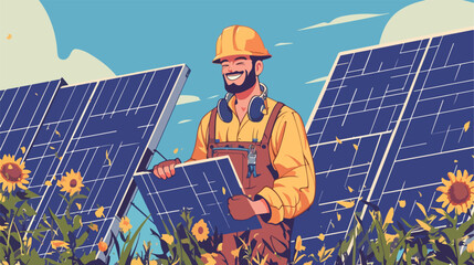 Smiling male engineer installing solar panels 2d fl