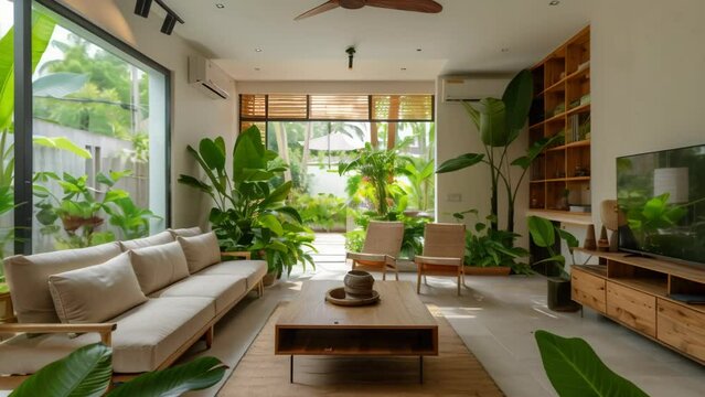 Sunlit living room filled with lush indoor plants and wooden furniture, creating a serene and inviting atmosphere. 