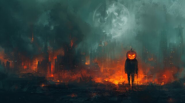 Pumpkin head halloween character horror and scary on the dark